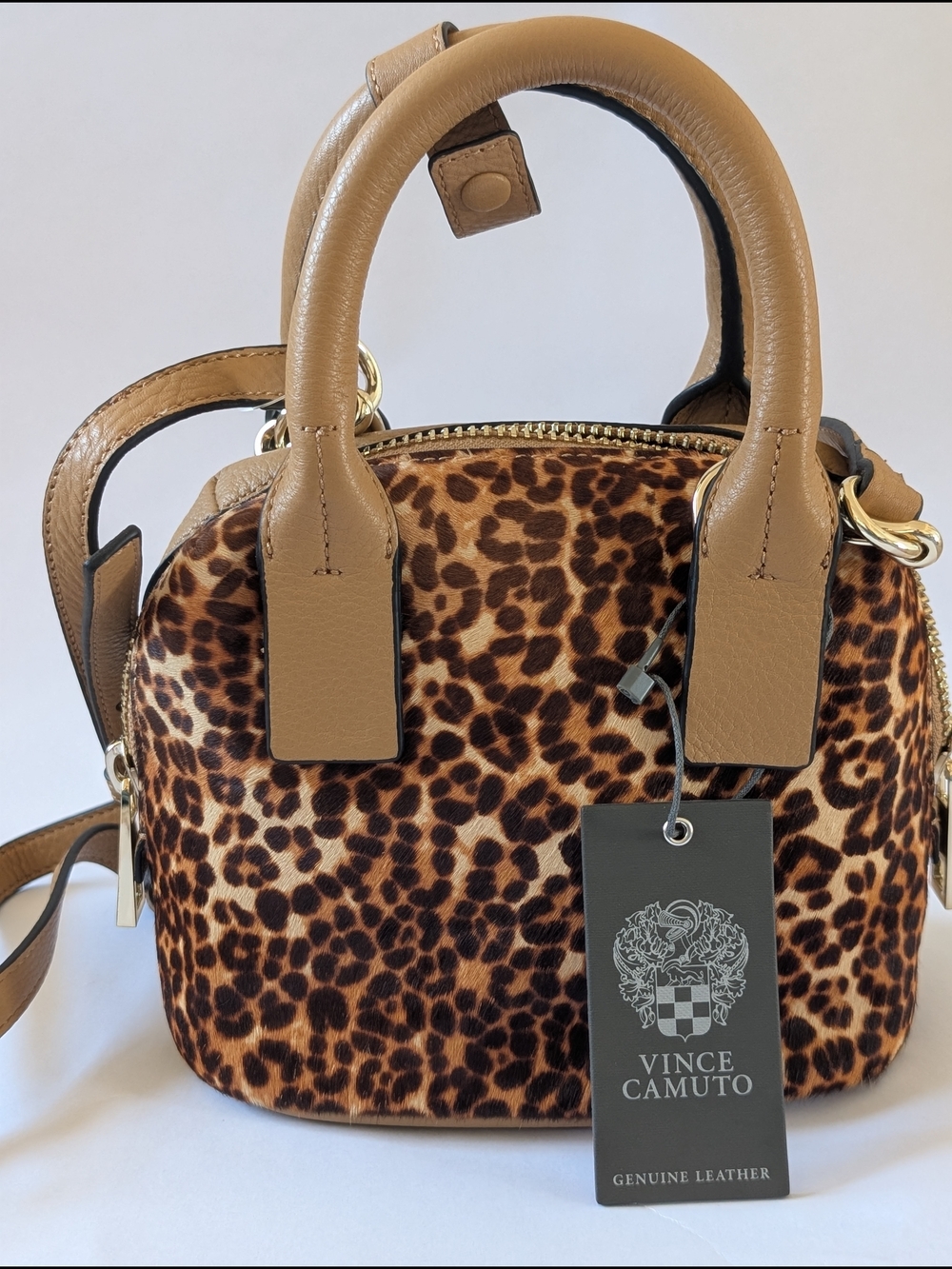 Vince Camuto Leopard Print Mini Satchel with Tan Trim